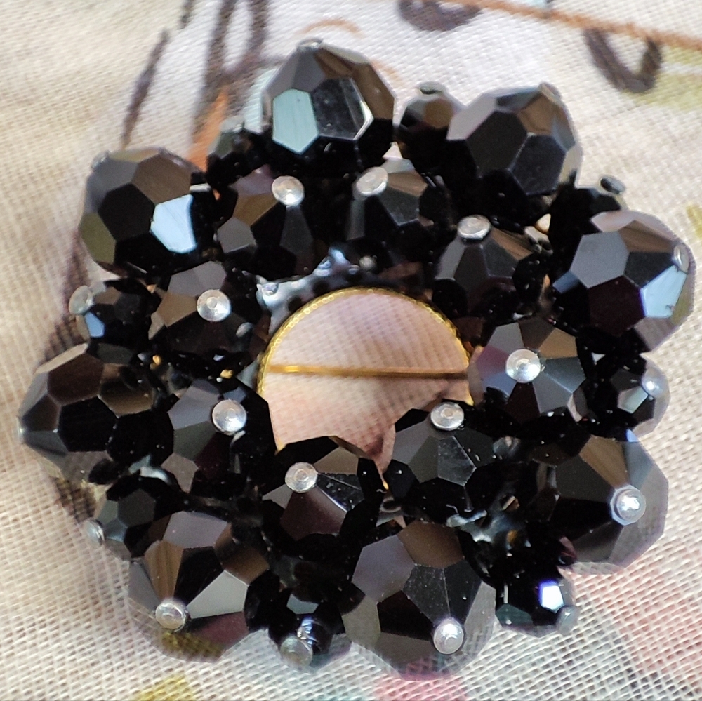 Jet Black Faceted Round Beaded Mourning Gold Tone Vintage Glass Crystal Brooch